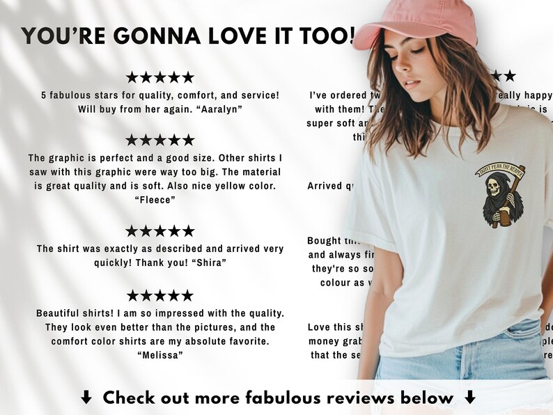 Puede incluir: Camiseta blanca con un gr&aacute;fico de la Muerte sosteniendo una jarra de cerveza, con el texto "Don't Fear the Reaper". La imagen tambi&eacute;n incluye rese&ntilde;as de clientes y el texto "YOU'RE GONNA LOVE IT TOO!"