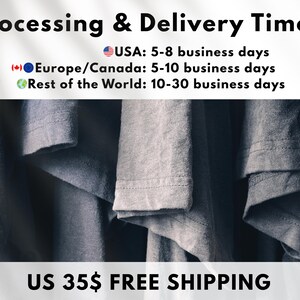May include: Image displays text about processing and delivery times. The text reads: USA: 5-8 business days, Europe/Canada: 5-10 business days, and Rest of the World: 10-30 business days. The image also shows a close-up of gray fabric.