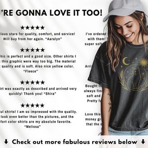 May include: Dark gray t-shirt featuring a gold cat design with a crescent moon and sun. The shirt has a vintage look and is worn by a person wearing a gray cap. Text on the shirt says "YOU'RE GONNA LOVE IT TOO!"