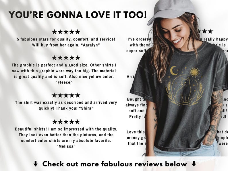 May include: Dark gray t-shirt featuring a gold cat design with a crescent moon and sun. The shirt has a vintage look and is worn by a person wearing a gray cap. Text on the shirt says "YOU'RE GONNA LOVE IT TOO!"
