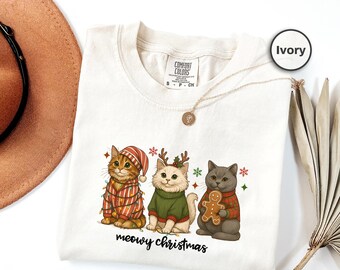 Chemise couleurs confort de Noël miaou, t-shirt de vacances mignon amoureux des chats, chemise de Noël drôle de chaton, t-shirt graphique chat de Noël confortable, cadeau de maman de chat
