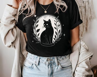 Hexen Katzen Shirt, schwarze Katze Boho Tee, mystisches Katzen Grafik Shirt, spirituelle Mond Katze Shirt, Cottagecore Haustier Tee, himmlisches Tier Geschenk