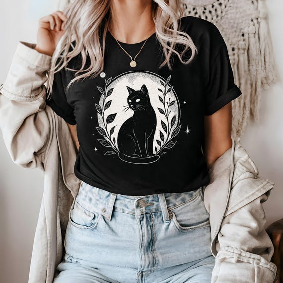 Witchy Cat Shirt, Black Cat Boho Tee, Mystical Feline Graphic Shirt, Spiritual Moon Cat Shirt, Cottagecore Pet Tee, Celestial Animal Gift