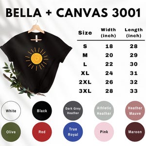 May include: Black Bella + Canvas 3001 t-shirt with a yellow sun graphic. Size chart shows measurements in inches. Available colors include white, black, dark grey heather, athletic heather, heather mauve, olive, red, true royal, pink, and maroon.