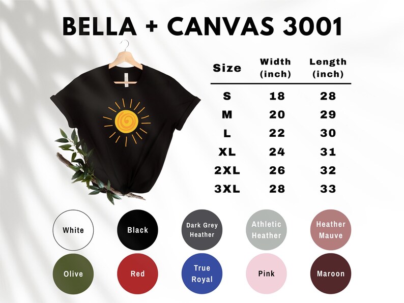 May include: Black Bella + Canvas 3001 t-shirt with a yellow sun graphic. Size chart shows measurements in inches. Available colors include white, black, dark grey heather, athletic heather, heather mauve, olive, red, true royal, pink, and maroon.