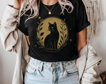 Black Cat Witchy Shirt, Boho Cat T-Shirt, Celestial Cat Graphic Tee, Mystic Feline Shirt, Cat Moon Lover Shirt, Spiritual Cat, Cat Mom Gift