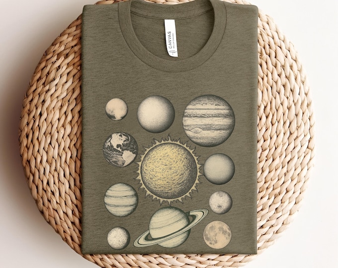 Sun and Planets Shirt, Retro Solar System Tee, Planet Graphic T-Shirt, Gift For Space Lover, Cosmic Boho Top, Retro Astronomy Gift, Planets