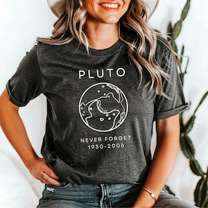 May include: A dark gray t-shirt with white text that reads "Pluto Never Forget 1930-2006". The shirt also features a white outline of Pluto with a circle around it.
