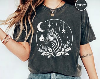 Zebra Comfort Colors Shirt, Retro Moon Stars T-Shirt, Boho Animal Tee, Zebra Lover Gift, Minimalist Graphic Tee