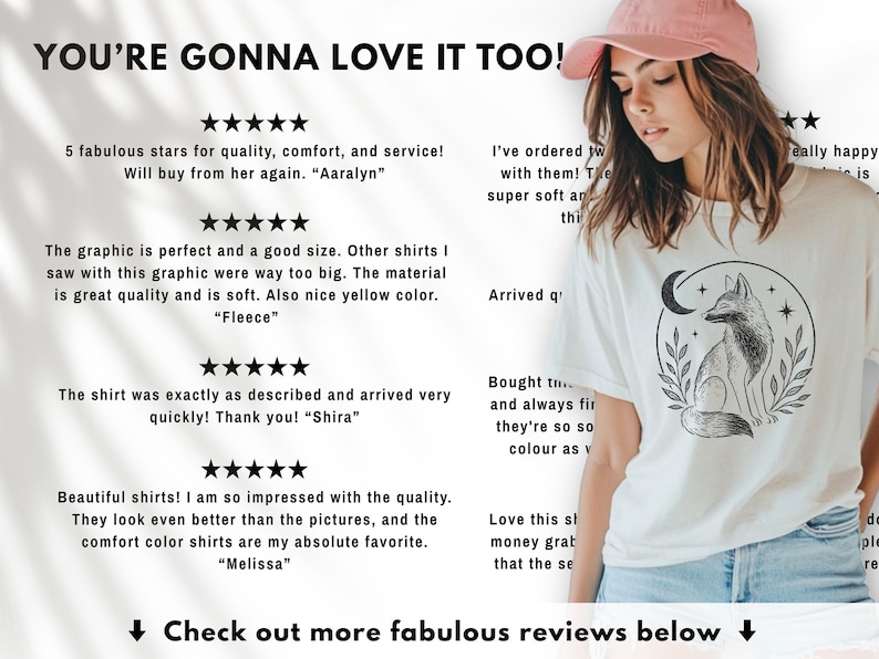 K&ouml;nnte beinhalten: Wei&szlig;es T-Shirt mit einem schwarz-wei&szlig;en Fuchsmotiv, einem Mond und Sternen. Das Shirt hat auch den Text "YOU'RE GONNA LOVE IT TOO!" und Kundenbewertungen.