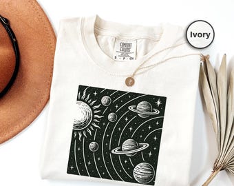 Camiseta vintage del sistema solar con colores cómodos, camiseta retro de planetas, camiseta con gráficos espaciales, camiseta para amantes de la astronomía, regalo para profesores de ciencias.