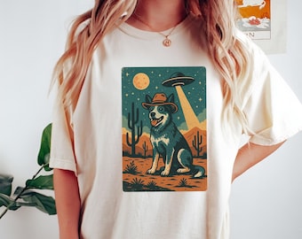 Cowboy Dog T-Shirt, Retro Western Dog Tee, Alien UFO Desert Shirt, Vintage Cowboy Pet Tee, Funny Space Western Shirt, Dog Lover Graphic Tee