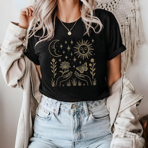 Boho Sun And Moon Shirt, Celestial Graphic Tee, Spiritual Shirt For Women, Floral Hands Shirt, Butterfly Lotus Shirt, Mystic Aesthetic Tee