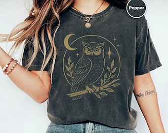 Mystic Owl Shirt, Boho Vintage Moon Comfort Colors T-Shirt, Gift for Nature Lovers, Night Owls & Spiritual Souls, Celestial Forest Tee