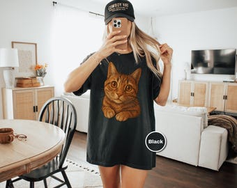 Maglietta arancione con gatto, maglietta con colori comfort e motivo vintage con gatto soriano, maglietta con muso di gattino per amanti dei gatti, maglietta con ritratto realistico di animali domestici, maglietta con grafica di gatto accogliente
