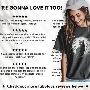 May include: Dark gray t-shirt featuring a black cat illustration inside a circular design with a crescent moon and leaves. The text "YOU'RE GONNA LOVE IT TOO!" is at the top, with customer reviews below.