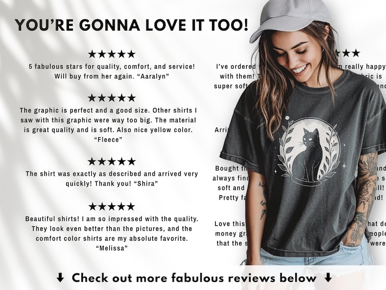 May include: Dark gray t-shirt featuring a black cat illustration inside a circular design with a crescent moon and leaves. The text "YOU'RE GONNA LOVE IT TOO!" is at the top, with customer reviews below.