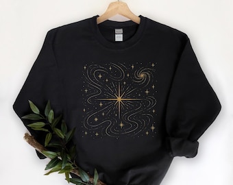Sudadera Espacial Celestial, Sudadera de Astrología, Sudadera con Cuello Redondo Celestial Dorada, Regalo de Astronomía, Sudadera de Estrellas Cósmicas, Cosmos Minimalista