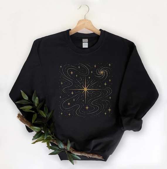 Celestial Space Sweatshirt, Astrology Sweater, Gold Celestial Crewneck Hoodie, Astronomy Gift, Cosmic Stars Sweatshirt, Minimalist Cosmos