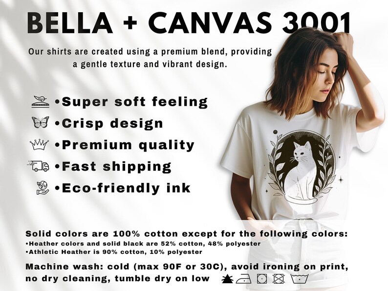 May include: White Bella + Canvas 3001 t-shirt featuring a black and white cat illustration within a circular design. The shirt has short sleeves and a crew neck. The text on the shirt says "Super soft feeling", "Crisp design", and "Premium quality".