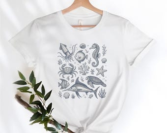 T-shirt med havsliv, vintage-t-shirt med illustration av marina djur, t-shirt med sköldpadda, fisk, krabba, sjöhäst, nautisk t-shirt, t-shirt med grafisk design för havsälskare, natur och djurliv