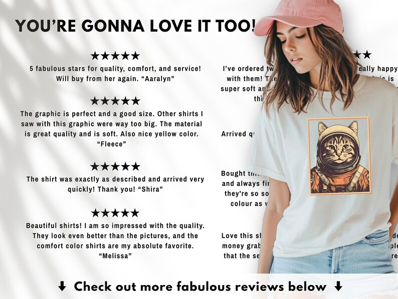 May include: White t-shirt featuring a cat astronaut graphic in a gold frame. The shirt has a crew neck and short sleeves. The image also includes customer reviews and the text "YOU'RE GONNA LOVE IT TOO!"