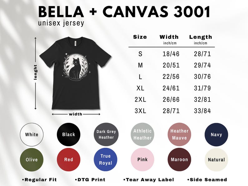 May include: Black unisex jersey t-shirt with a cat illustration inside a circular frame. The shirt features a crew neck and short sleeves. Available in various colors and sizes, with measurements in inches and centimeters.