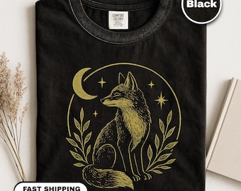 Mystisches Fuchs Shirt, Boho Waldtier T-Shirt, Himmlische wilde Fuchs T Shirt, spirituelle Nacht Natur Grafik, Mond Fuchs Geschenk, Vintage Witchy Stil