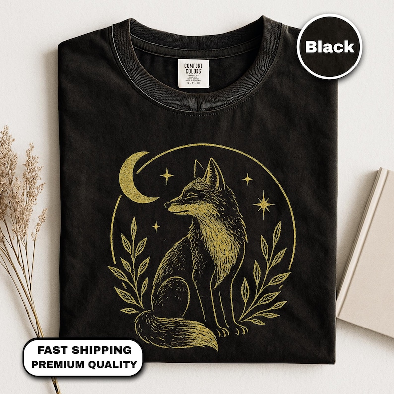 Mystisches Fuchs Shirt, Boho Waldtier T-Shirt, Himmlische wilde Fuchs T Shirt, spirituelle Nacht Natur Grafik, Mond Fuchs Geschenk, Vintage Witchy Stil Bild 1