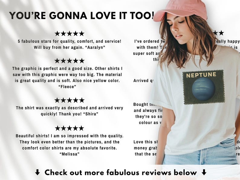 May include: White t-shirt featuring a Neptune graphic, with the word "NEPTUNE" above a blue planet design. The image also includes customer reviews and the text "YOU'RE GONNA LOVE IT TOO!"