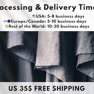 May include: Image displays text about processing and delivery times. The text reads: USA: 5-8 business days, Europe/Canada: 5-10 business days, and Rest of the World: 10-30 business days. The image also shows folded gray fabric.