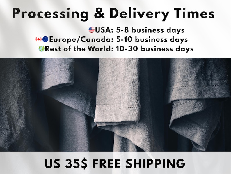 May include: Image displays text about processing and delivery times. The text reads: USA: 5-8 business days, Europe/Canada: 5-10 business days, and Rest of the World: 10-30 business days. The image also shows folded gray fabric.