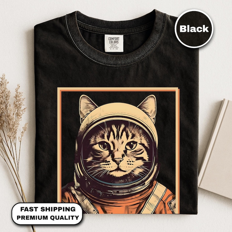 Vintage Cat Shirt, Space Cat Comfort Colors T-Shirt, Retro Astronaut Tee Shirt, Funny Gift For Cat Lovers, Cat In Space Tshirt image 1