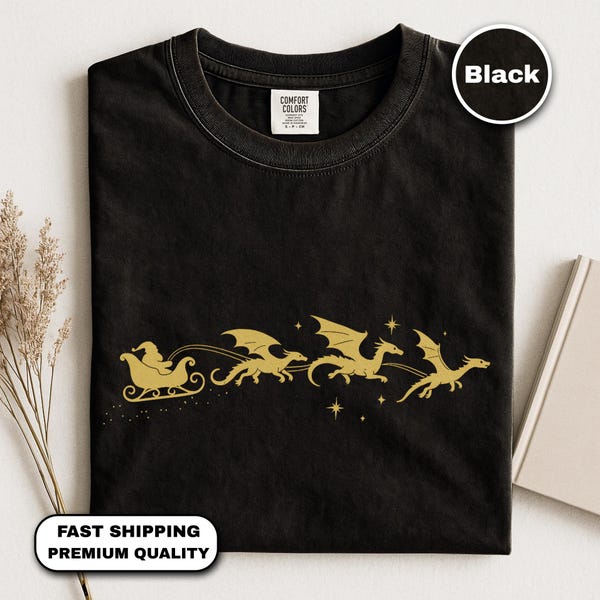 Dragon Santa Sleigh Comfort Colors Tee, Fantasy Christmas Shirt, Minimalist Top For Book Lovers, Celestial Gold, Magical Festive Gift Idea