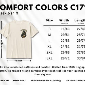 Puede incluir: Camiseta unisex color crema con un dise&ntilde;o de la Parca sosteniendo una cerveza. La camiseta tiene un ajuste relajado y est&aacute; hecha de algod&oacute;n hilado en anillos. Tabla de tallas con anchos de 46 cm a 71 cm.