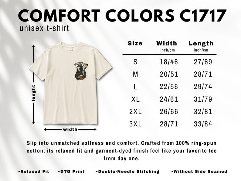 Puede incluir: Camiseta unisex color crema con un dise&ntilde;o de la Parca sosteniendo una cerveza. La camiseta tiene un ajuste relajado y est&aacute; hecha de algod&oacute;n hilado en anillos. Tabla de tallas con anchos de 46 cm a 71 cm.