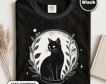 Mystical Cat Shirt, Witchy Boho Cat Comfort Colors Tshirt, Vintage Minimalist Gift for Cat Lovers, Flower Cat Tee, Cat Mom Gift, Cat Moon