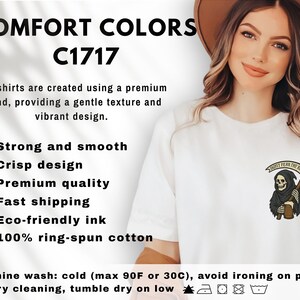 Puede incluir: Camiseta blanca con el texto "DON'T FEAR THE REAPER" sobre un gr&aacute;fico de la Parca. La camiseta tambi&eacute;n presenta el texto "COMFORT COLORS C1717". La camiseta est&aacute; hecha de 100% algod&oacute;n hilado en anillo.