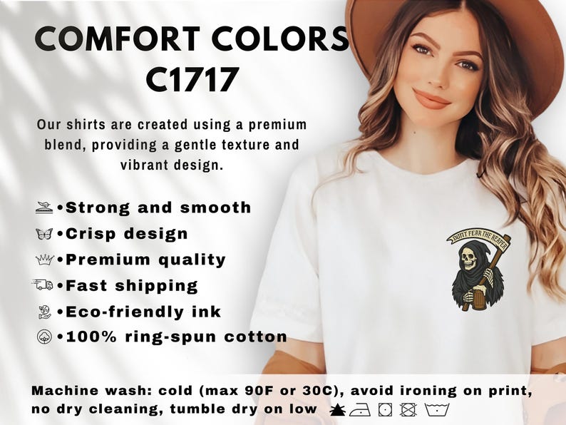 Puede incluir: Camiseta blanca con el texto "DON'T FEAR THE REAPER" sobre un gr&aacute;fico de la Parca. La camiseta tambi&eacute;n presenta el texto "COMFORT COLORS C1717". La camiseta est&aacute; hecha de 100% algod&oacute;n hilado en anillo.