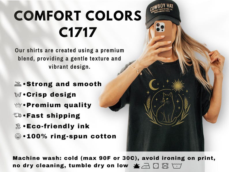 May include: Black t-shirt with a gold cat design, moon, and sun graphic. The shirt has the text "COMFORT COLORS C1717". The shirt is made of 100% ring-spun cotton.