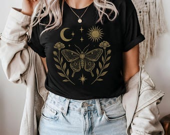 Boho Butterfly Shirt, Celestial Moth Tee, Moon And Sun Floral Shirt, Spiritual Insect Shirt, Bohemian Nature Tee, Vintage Mystic Graphic Tee