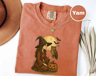 Witch Halloween Shirt, Comfort Colors Spooky Tee, Witch And Owl Graphic Shirt, Pumpkin Moon Halloween Shirt, Witchy Fall Outfit, Gothic Gift