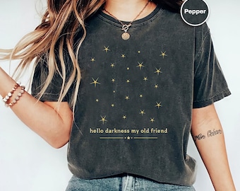 Hello Darkness Shirt, Starry Sky Tee, Dark Aesthetic T Shirt, Witchy Celestial Graphic, Spiritual Cosmic Mood Gift, Minimalist Star Tee
