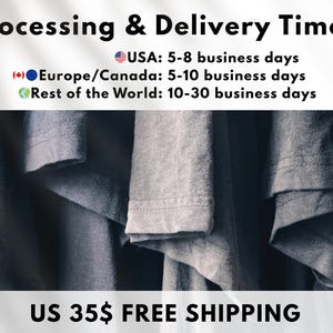 May include: Close-up of gray fabric with the text "Processing & Delivery Times" and delivery estimates for the USA, Europe/Canada, and the rest of the world. The image shows the fabric in varying shades of gray.
