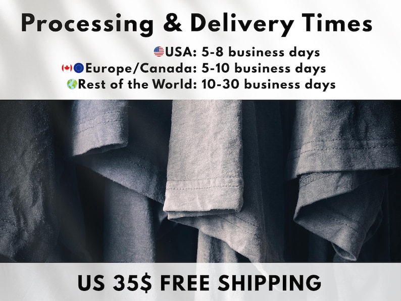 May include: Close-up of gray fabric with the text "Processing & Delivery Times" and delivery estimates for the USA, Europe/Canada, and the rest of the world. The image shows the fabric in varying shades of gray.