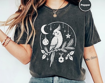 Parrot Shirt, Boho Bird Tee Shirt, Celestial Parrot, Minimalist Graphic Tee, Nature Lover Gift, Retro Moon Stars, Bird Print Tee