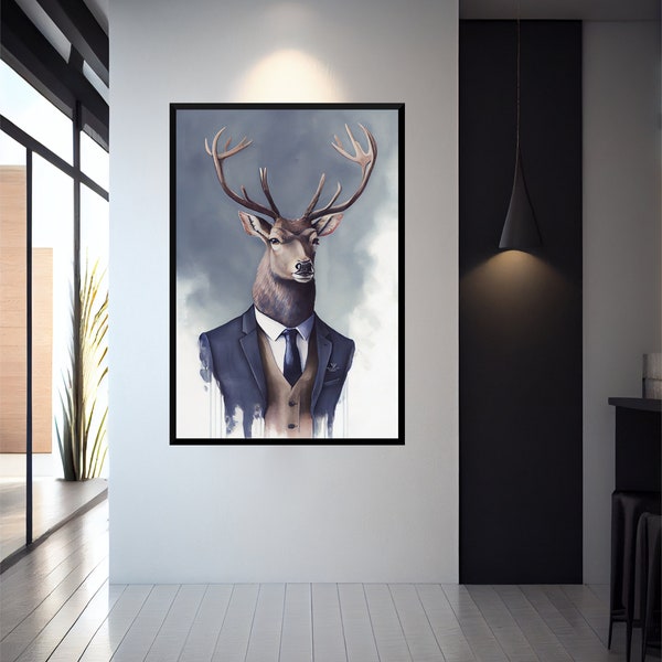 Stag Digital Wall Art | Vintage Stag | Digital Download | Stag Watercolour Wall Art | Quirky Stag | Humanised Deer Picture | Stag in suit |
