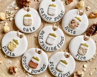 Pantry clay tags. Personalised kitchen labels 4.5cm. Handmade kitchen canister tags. Personalised jar labels. Baking sourdough tags