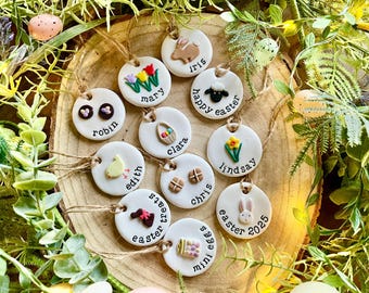 Personalised Easter clay name tag decoration.Easter basket tag 4.5cm. Easter place name setting. Easter tree decoration. Easter spring decor