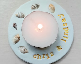Personalised clay shell tealight candle holder. Beach wedding favour. Coastal decor. Handpainted candle holder.